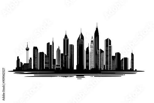 Coastal city skyline with tall and short buildings near the waterfront, vector illustration art
