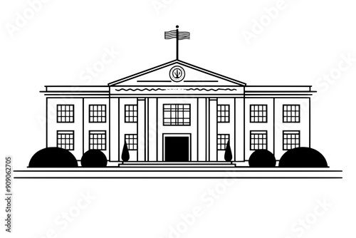 A consulate building with a secure entrance, prominent flagpoles, and multiple security features, vector illustration art