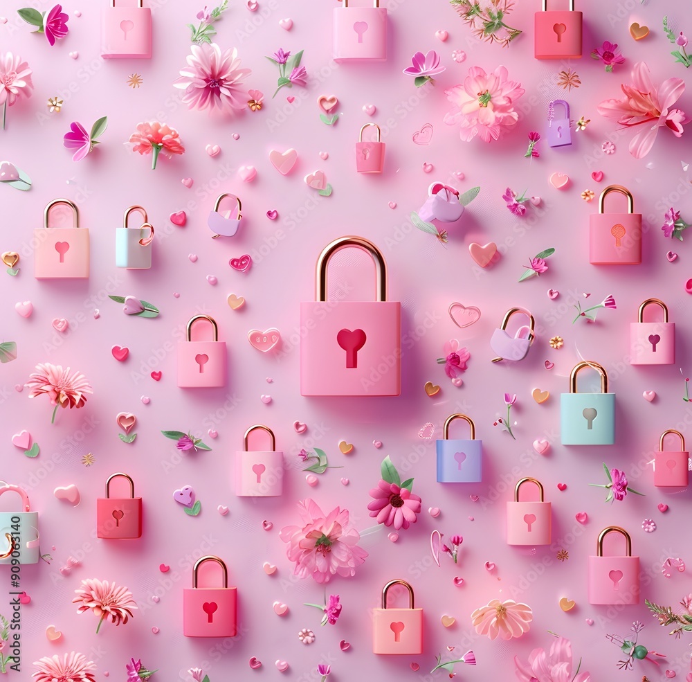 Romantic pattern with pink hearts and a small padlocks. Romantic pattern with pink hearts and a small padlocks.