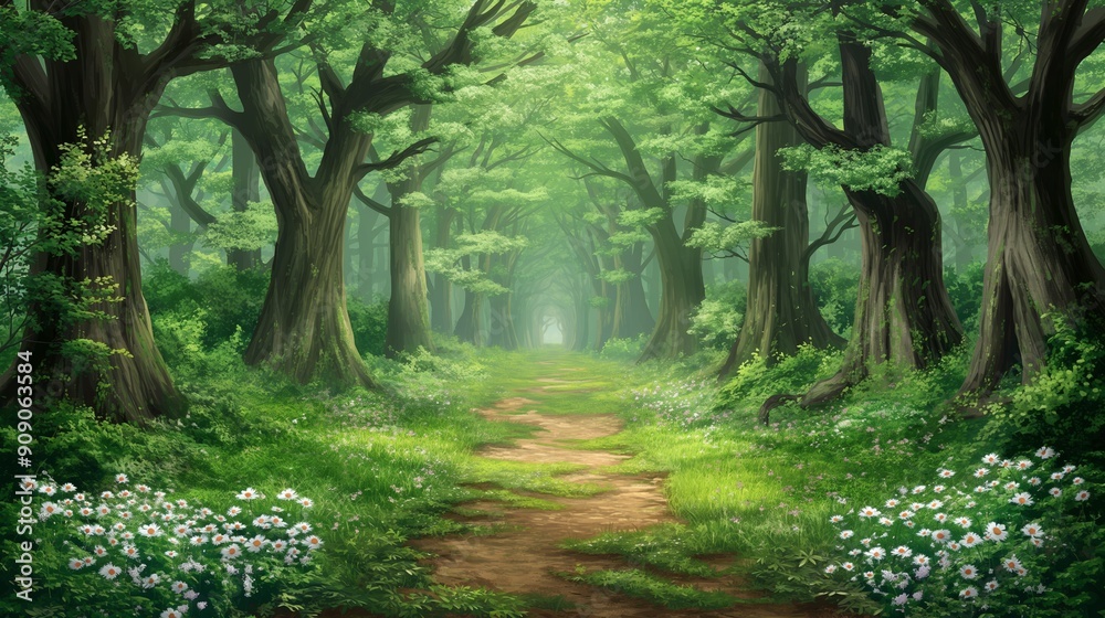 A scenic forest path surrounded by tall trees and blooming flowers under a canopy of green leaves A scenic forest path surrounded by tall trees and blooming flowers under a canopy of green leaves