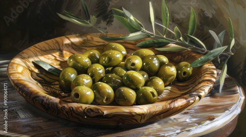 A rustic bowl filled with green olives and olive leaves sitting on a wooden table. The image captures a sense of organic freshness and natural simplicity. photo