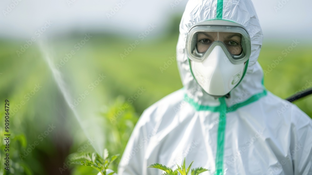 A farmer spraying pesticides on affected crops, wearing protective gear