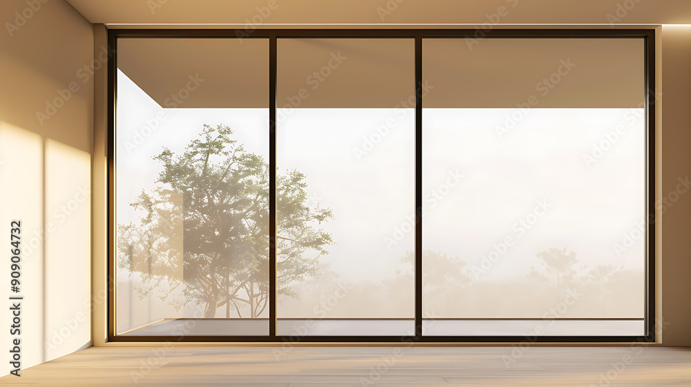 Fototapeta premium Minimalist interior design with a large window showcasing a serene outdoor landscape in shades of beige, brown, and green, evoking a sense of tranquility and peace.