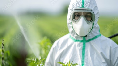A farmer spraying pesticides on affected crops, wearing protective gear