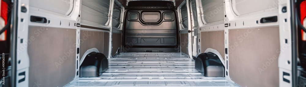 Empty interior of a commercial van designed for transport and storage, showcasing spacious cargo area and modern features. Empty interior of a commercial van designed for transport and storage, showcasing spacious cargo area and modern features.