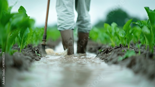 A farmer trying to drain water from a flooded field using pumps photo