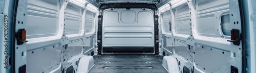 Empty interior of a commercial van, designed for storage and transport, showcasing spacious dimensions and clean surfaces. photo