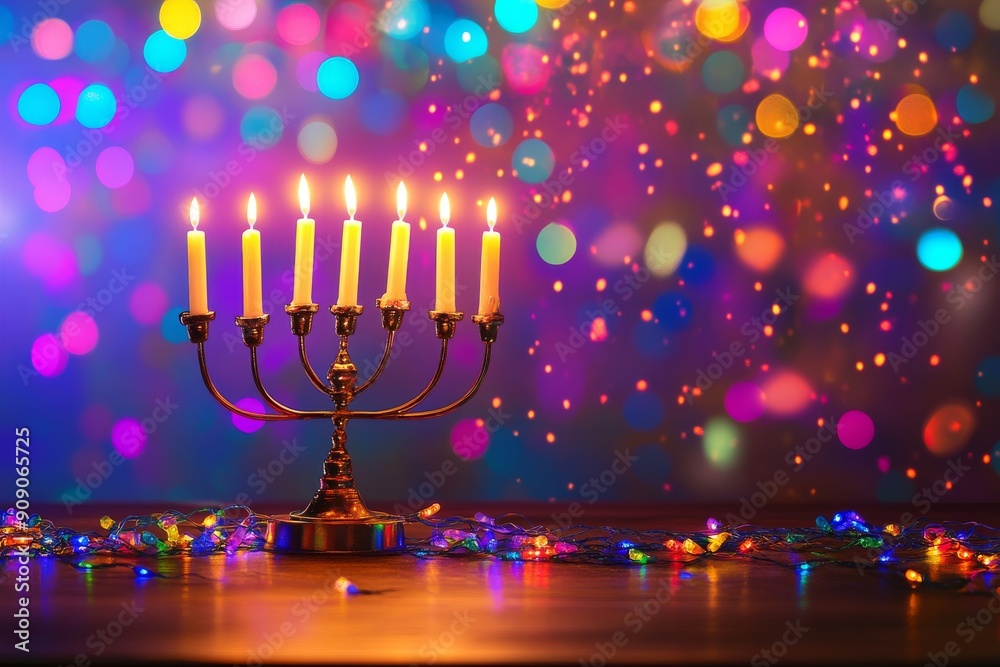 Naklejka premium Hanukkah Lights Amidst Festive Bokeh: A traditional menorah with eight lit candles glows warmly against a vibrant backdrop of colorful bokeh, capturing the spirit of Hanukkah. 