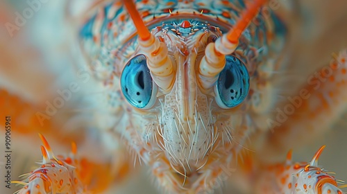 A vibrant cricket with large blue eyes, curled antennae, hairy body, and folded wings, captured in a close-up shot on a green leaf in its natural habitat, showcasing the beauty of natures details photo