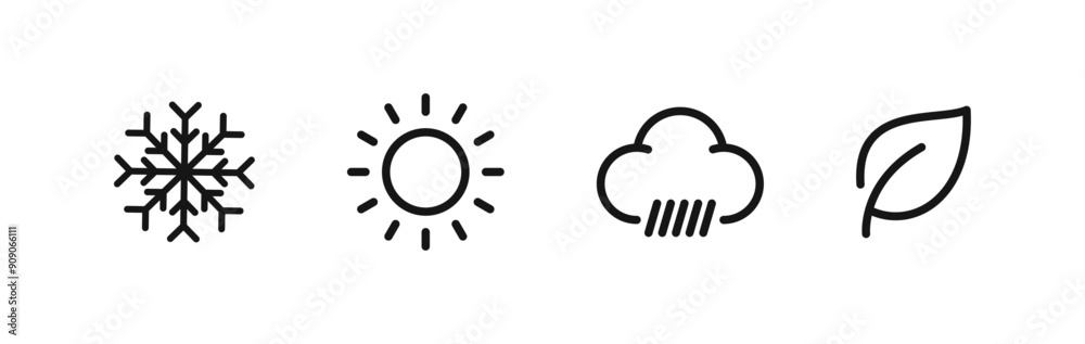 Four season icon set. Summer winter sprint autumn. Snowflake, sun, rain, autumn leaf icon. Line art Four season icon set. Summer winter sprint autumn. Snowflake, sun, rain, autumn leaf icon. Line art