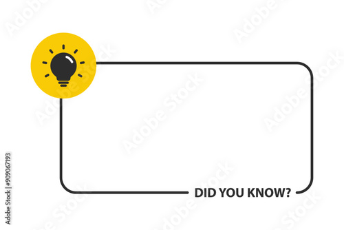 Did You Know message bubble label design with light bulb and rays. Template post icon for social media background, fun fact blank template fyi vector with lightbulb idea and cable symbol element