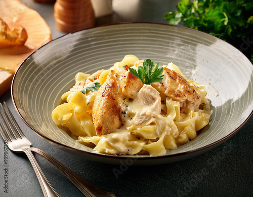 Firefly Spaghetti vegetable chicken with alfredo pasta fork and knife on Isolated background. Ai Generated