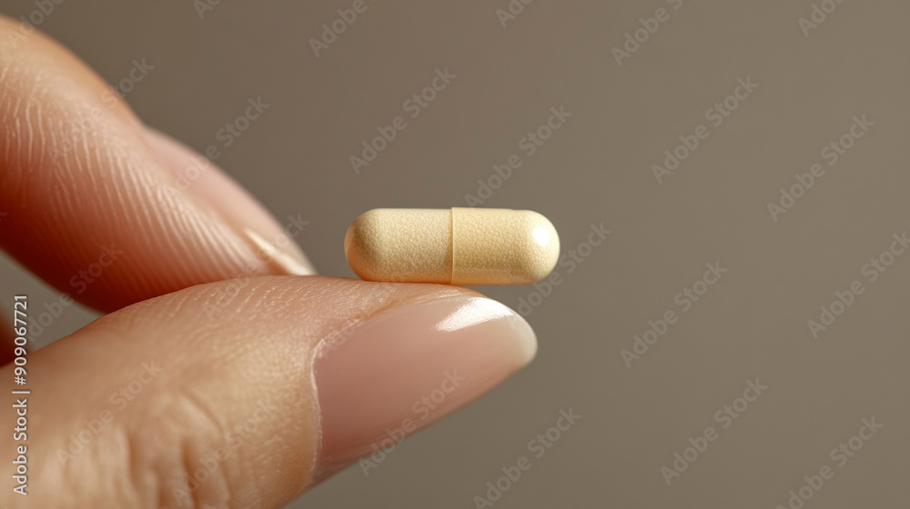 woman's hand holding a small pill against a plain background, symbolizing health, medication, and self-care. This image conveys themes of healthcare, wellness, and medical intervention woman's hand holding a small pill against a plain background, symbolizing health, medication, and self-care. This image conveys themes of healthcare, wellness, and medical intervention