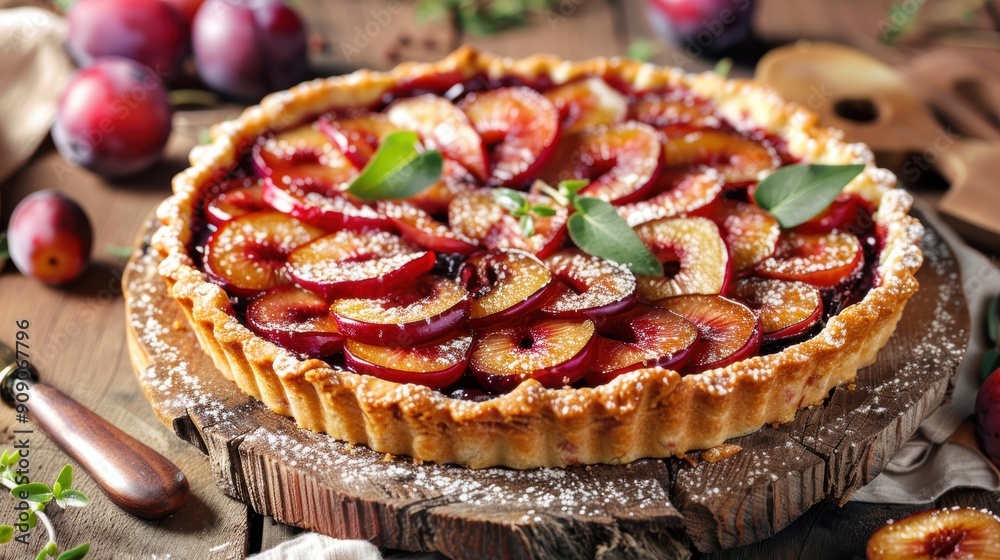 Rustic Charm: Delicious Freshly Baked Plum Tart on Wooden Board Rustic Charm: Delicious Freshly Baked Plum Tart on Wooden Board