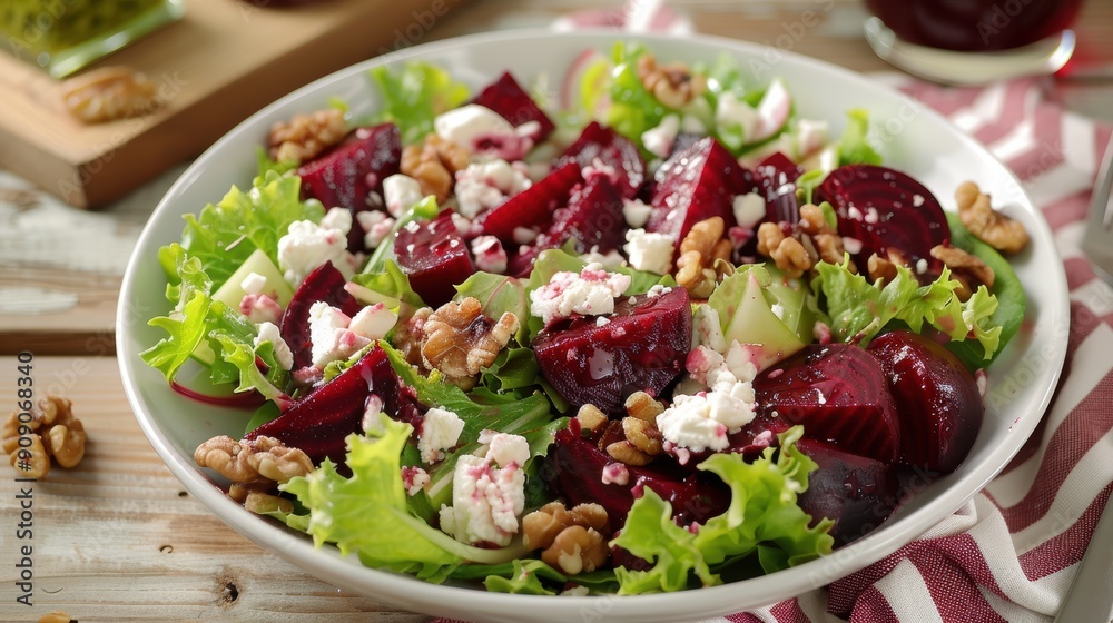 Vibrant Roasted Beet and Goat Cheese Salad Topped with Crunchy Walnuts - Healthy Gourmet Appetizer Vibrant Roasted Beet and Goat Cheese Salad Topped with Crunchy Walnuts - Healthy Gourmet Appetizer