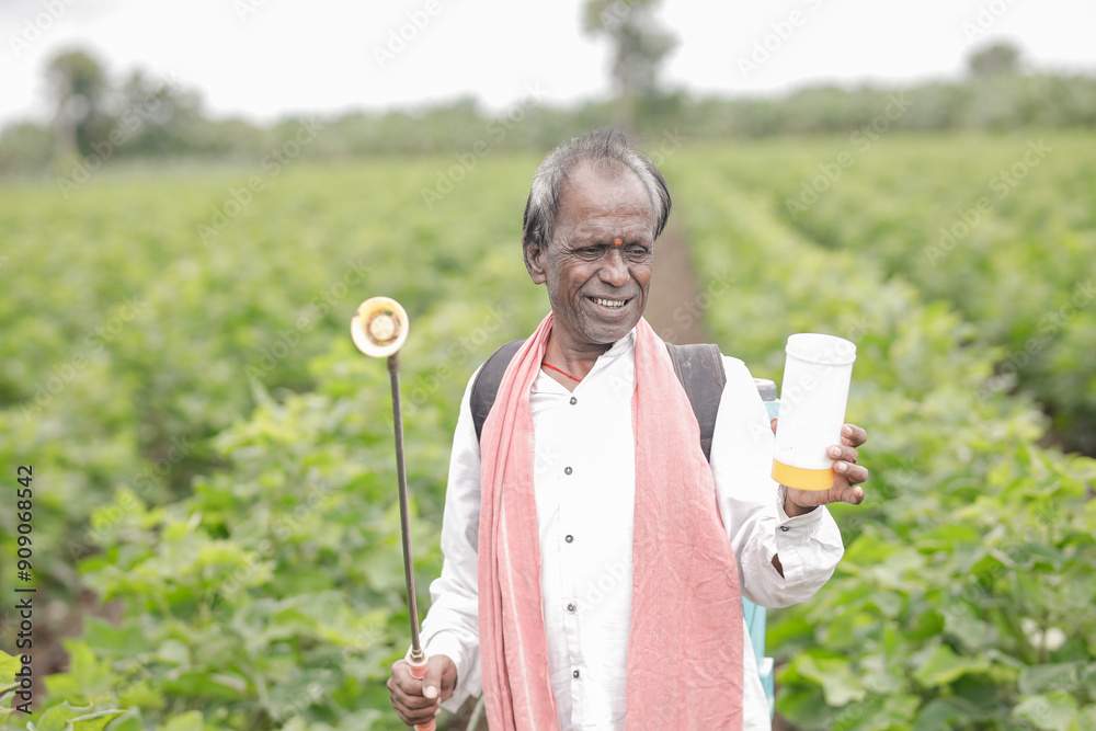 Fototapeta premium Indian farmer working on farm field, spraying fertilizer on soil and plants.