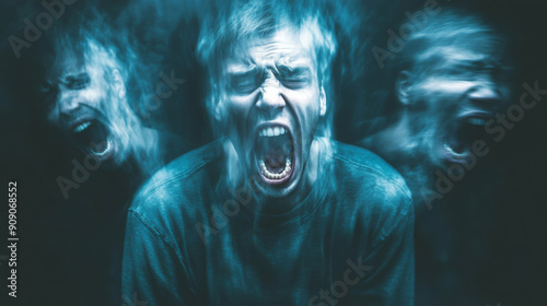 The Haunting Echoes: A haunting and surreal image of a man overwhelmed by his own internal turmoil, depicted as shadowy figures echoing his anguish.  photo