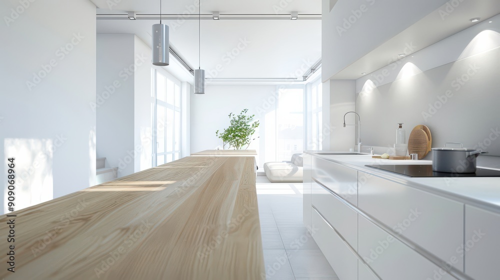 Fototapeta premium Modern kitchen interior in a luxury apartment with bright white walls, modern furniture, a wooden countertop, light countertops, and clean, minimalist decorations.