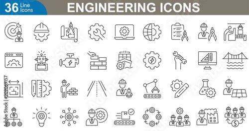 Engineering icons set. Technology, construction, industry, tools, machinery, design, innovation, mechanical and more. simple vector illustration.