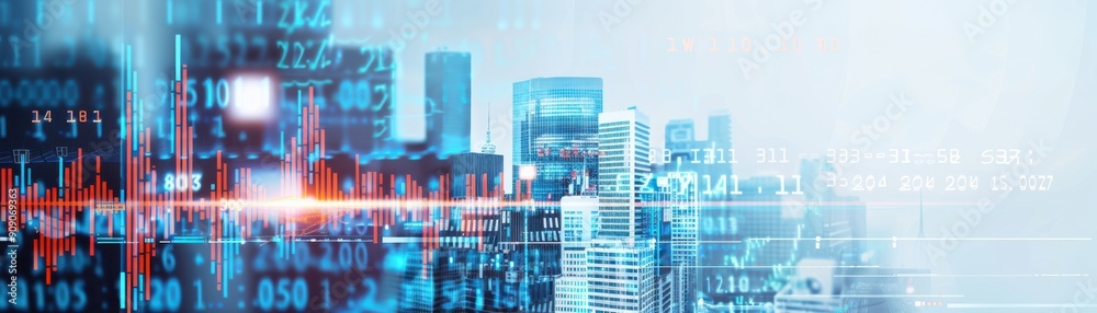 Naklejka premium Futuristic cityscape with digital overlays, representing technology and innovation in urban development.