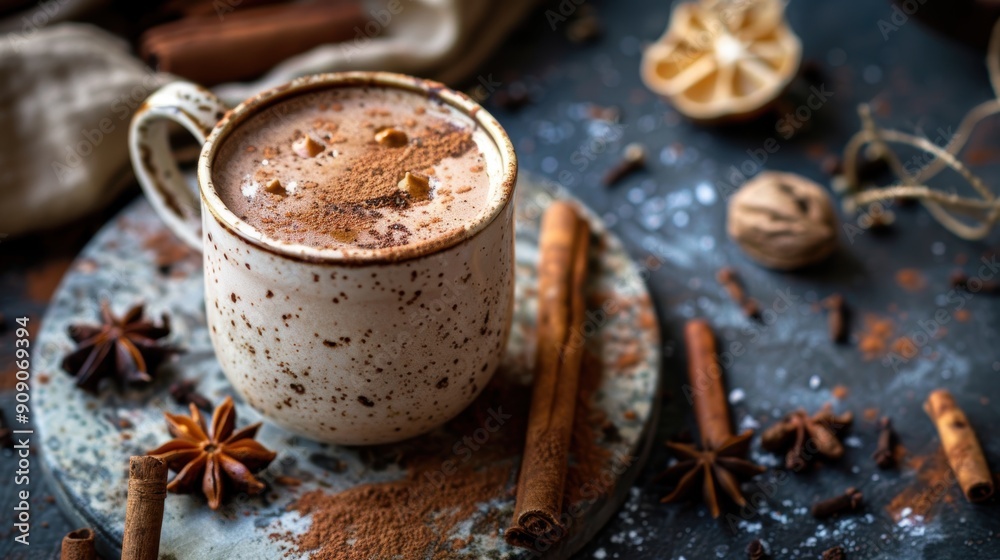 Cozy winter treat - Hot spiced cocoa with a hint of cinnamon and nutmeg for a warm and comforting drink on a chilly day. Cozy winter treat - Hot spiced cocoa with a hint of cinnamon and nutmeg for a warm and comforting drink on a chilly day.