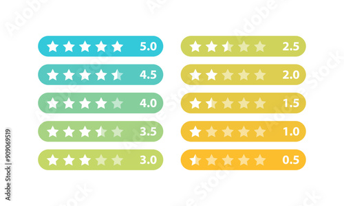 Product rating or customer review from 5 star to .5 star with colorful button set collection. Feedback, rating, scoring, survey, customer service, meter, voting graphics for website, application