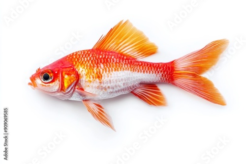 Golden Grace: A solitary goldfish glides against a pristine white backdrop, its vibrant scales and flowing fins captivating the eye. 