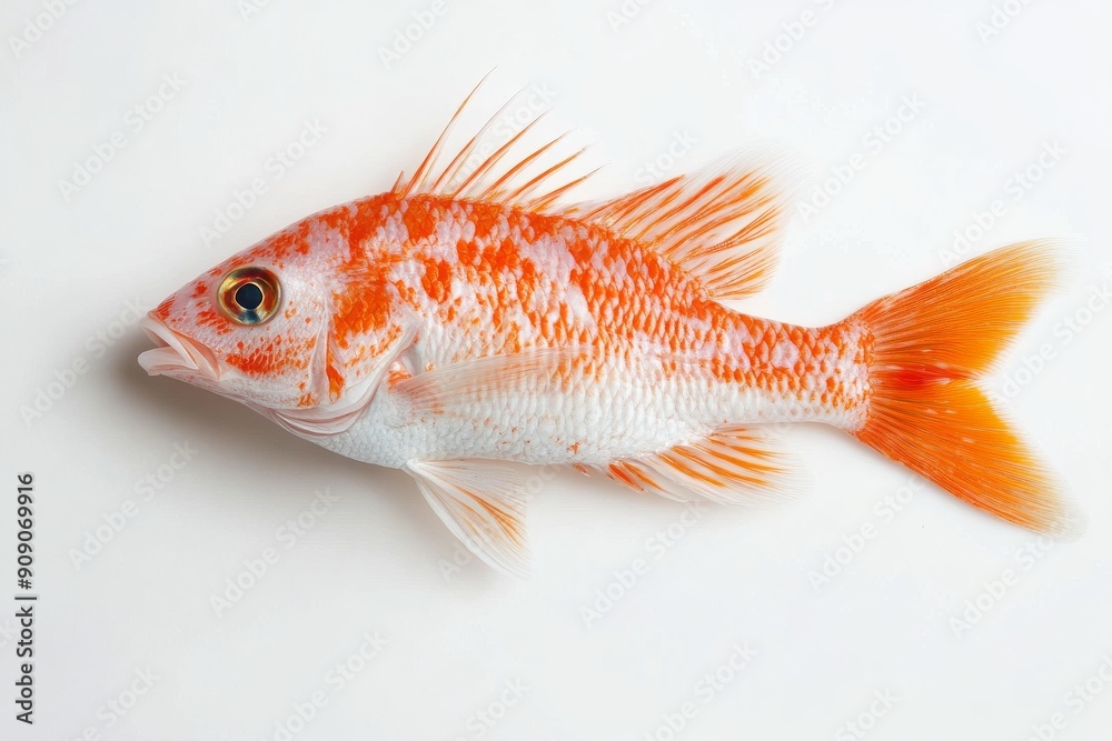 Fototapeta premium Red Snapper: Close-up of a Red Snapper fish against a white background, showcasing its vibrant red and white scales, delicate fins, and detailed features. 
