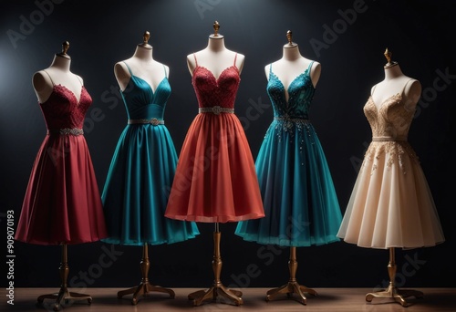 a set of many elegant party dresses displayed on manne quins with stands. photo