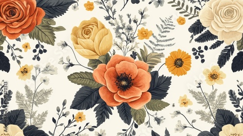 Watercolor Floral Seamless Pattern with Orange, Yellow, and White Flowers photo