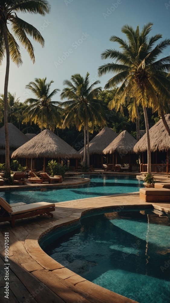 Tropical Resort Pool with Palm Trees and Cabanas Tropical Resort Pool with Palm Trees and Cabanas