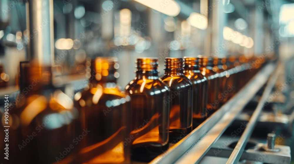 Symmetrical rows of brown glass short-neck bottles with pills on conveyor, pharmaceutical factory production line, industrial precision, close-up Symmetrical rows of brown glass short-neck bottles with pills on conveyor, pharmaceutical factory production line, industrial precision, close-up