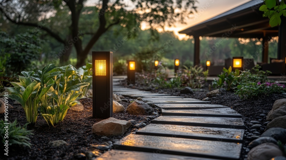 Obraz premium A winding stone path illuminated by warm lights leads to a tranquil outdoor space.