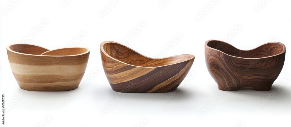 three wood bathtub designs in different shapes and sizes