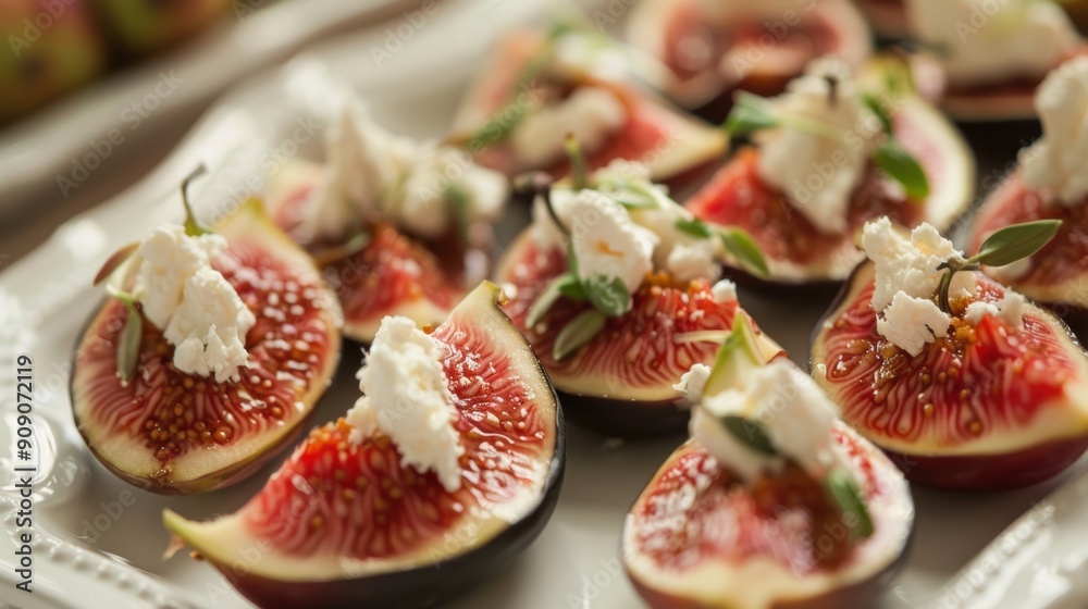 Elegant Autumn Appetizer with Fresh Figs and Creamy Goat Cheese Delicately Arranged on a Platter Elegant Autumn Appetizer with Fresh Figs and Creamy Goat Cheese Delicately Arranged on a Platter