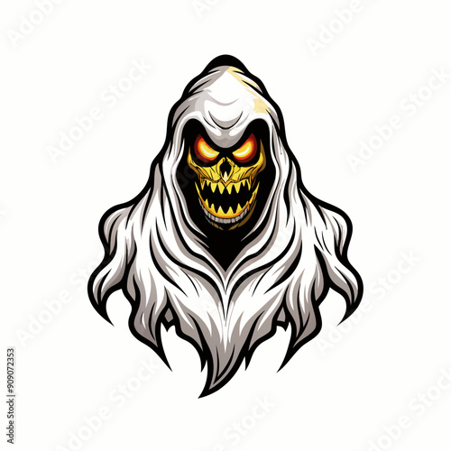 A spooky specter with a white sheet and a ghostly glow, floating in the air.