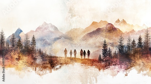 A watercolor painting of a mountain range with a group of people walking through a forest in the foreground. photo