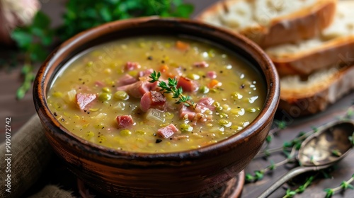 Hearty Split Pea and Ham Soup in Bowl on Rustic Table - Comforting Homemade Meal with Ham Hock, Vegetables, and Broth