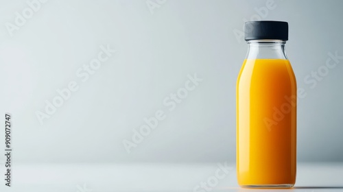 Bottle of orange juice on light grey background, minimalistic studio shot. Fresh and healthy lifestyle concept