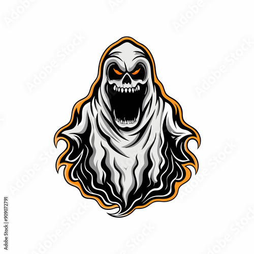 A spooky specter with a white sheet, glowing eyes, and an ethereal appearance.