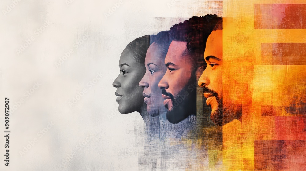 Four diverse faces in profile, painted with abstract backgrounds. A powerful image of unity and strength. Four diverse faces in profile, painted with abstract backgrounds. A powerful image of unity and strength.