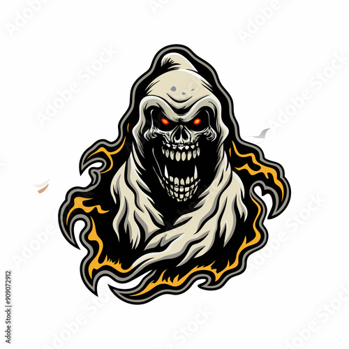 A spooky specter with a flowing white sheet, appearing in front of a dark, mysterious forest.
