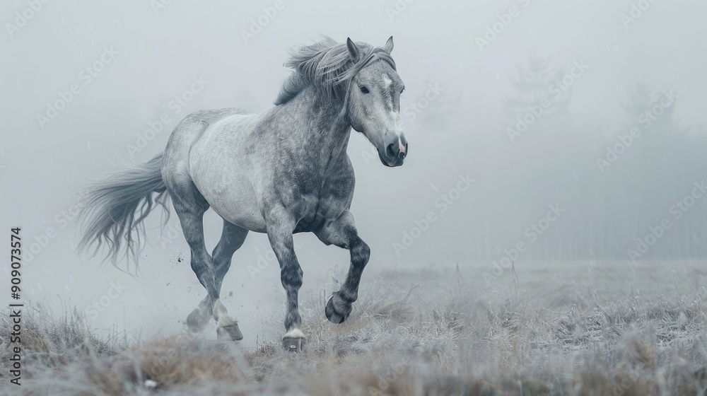 Against the backdrop of a snowy winter field, a graceful white horse runs in a powerful gallop, evoking a sense of wonder and serenity. Against the backdrop of a snowy winter field, a graceful white horse runs in a powerful gallop, evoking a sense of wonder and serenity.