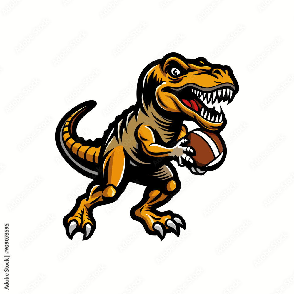 Obraz premium A Tyrannosaurus Rex wearing a football jersey and helmet, holding a football in its mouth.