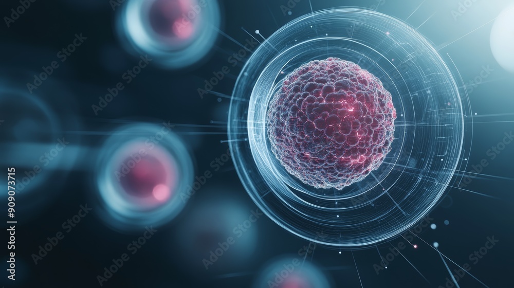 Obraz premium A single cell in focus, surrounded by other cells, against a dark blue background. The image represents the concept of life, biology, and science.