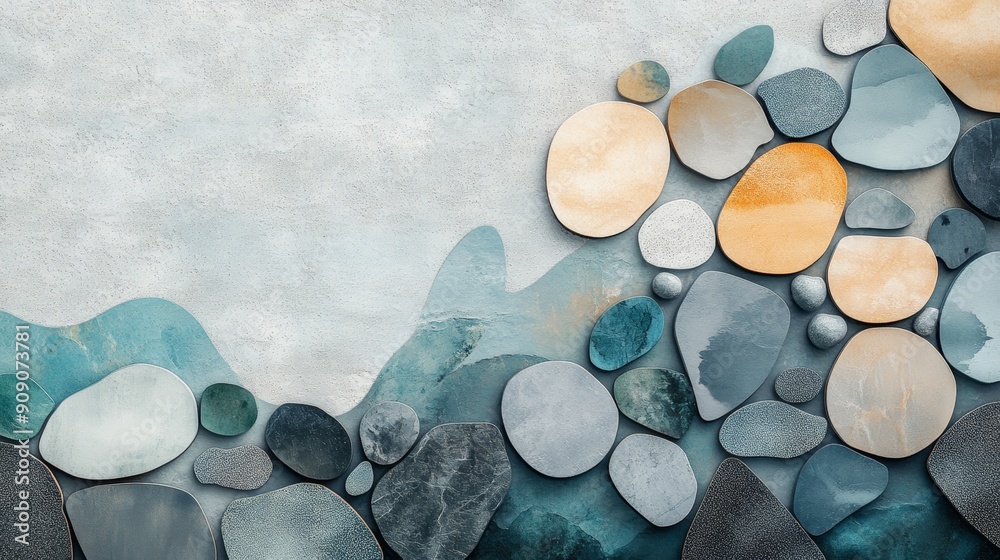 Abstract arrangement of smooth stones in blue, gray, and orange tones against a light gray background. Abstract arrangement of smooth stones in blue, gray, and orange tones against a light gray background.