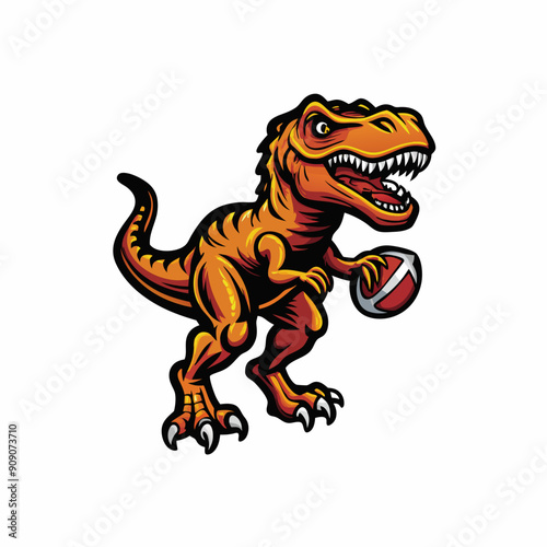 A Tyrannosaurus Rex wearing a football uniform, holding a football and standing on a football field.