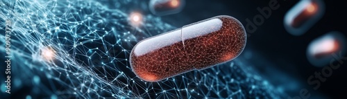 A single pill, close-up, with a blurry background of blue and white.