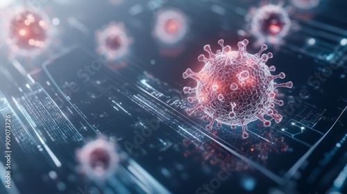 Abstract 3D rendering of a virus on a digital circuit board, representing the spread of digital viruses or cyber threats.