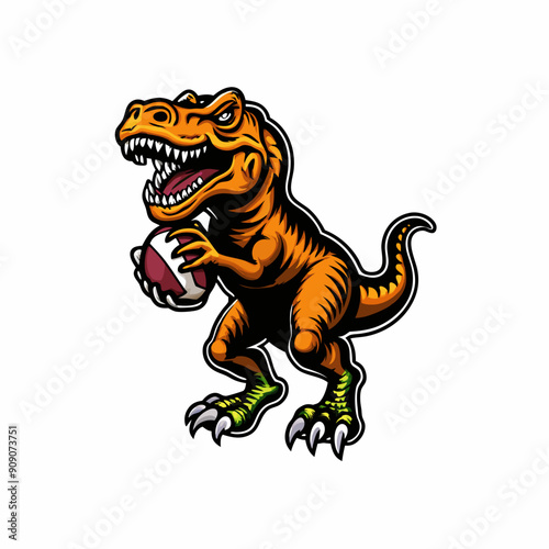 A Tyrannosaurus Rex wearing a football uniform, holding a football and attempting to kick it.